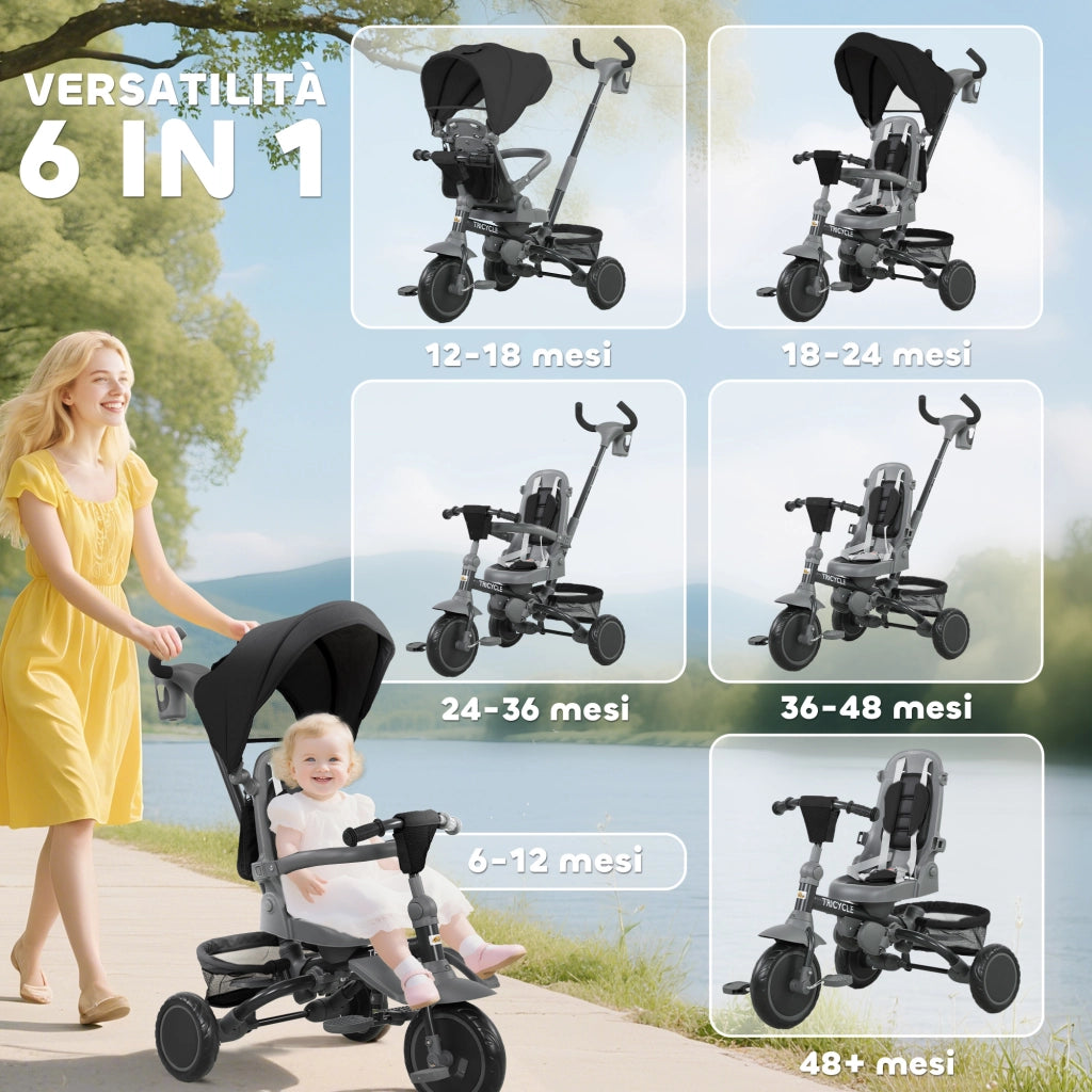 Triciclo per Bambini 6 in 1 111,5x52x98 cm Pieghevole con Sedile Girevole Nero