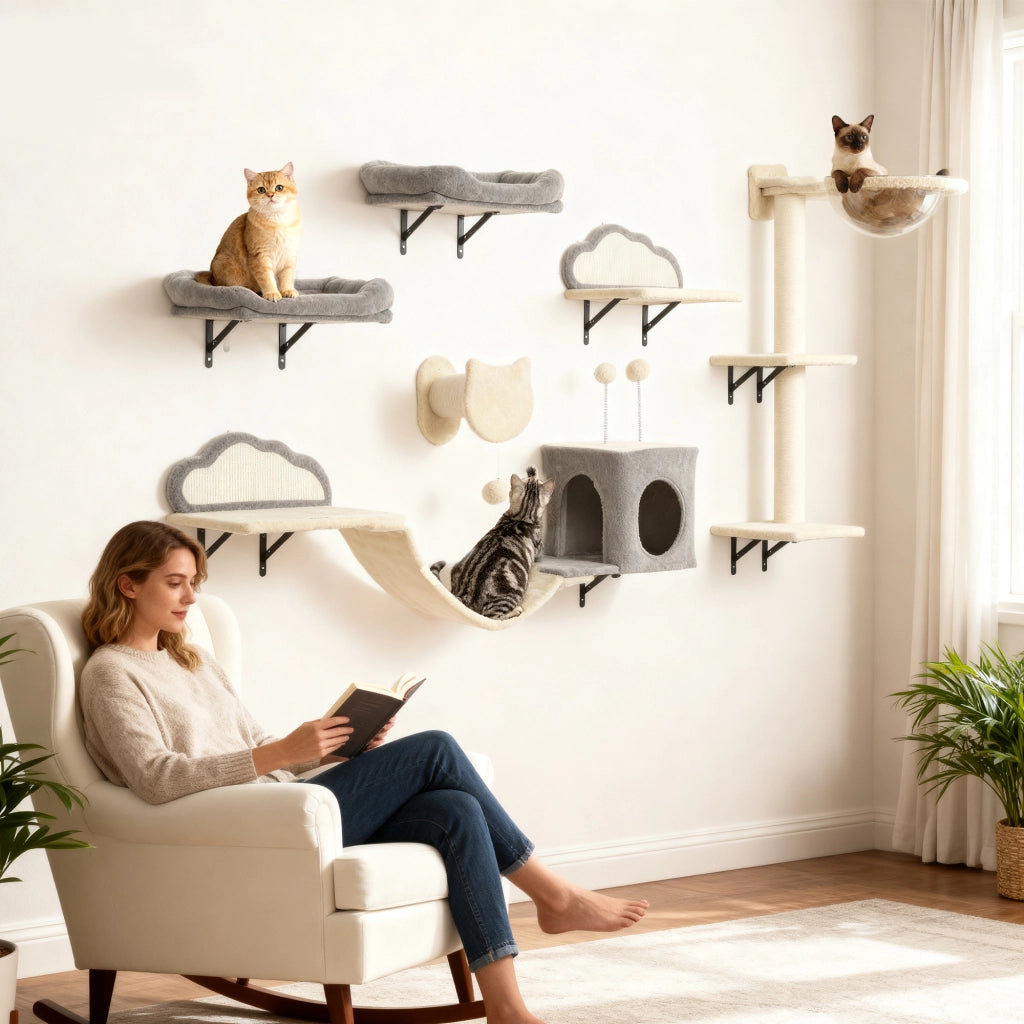 Sistema di scaffalature murali per gatti 6 pezzi con amaca e nicchia ¨C zephmum ¨C beige