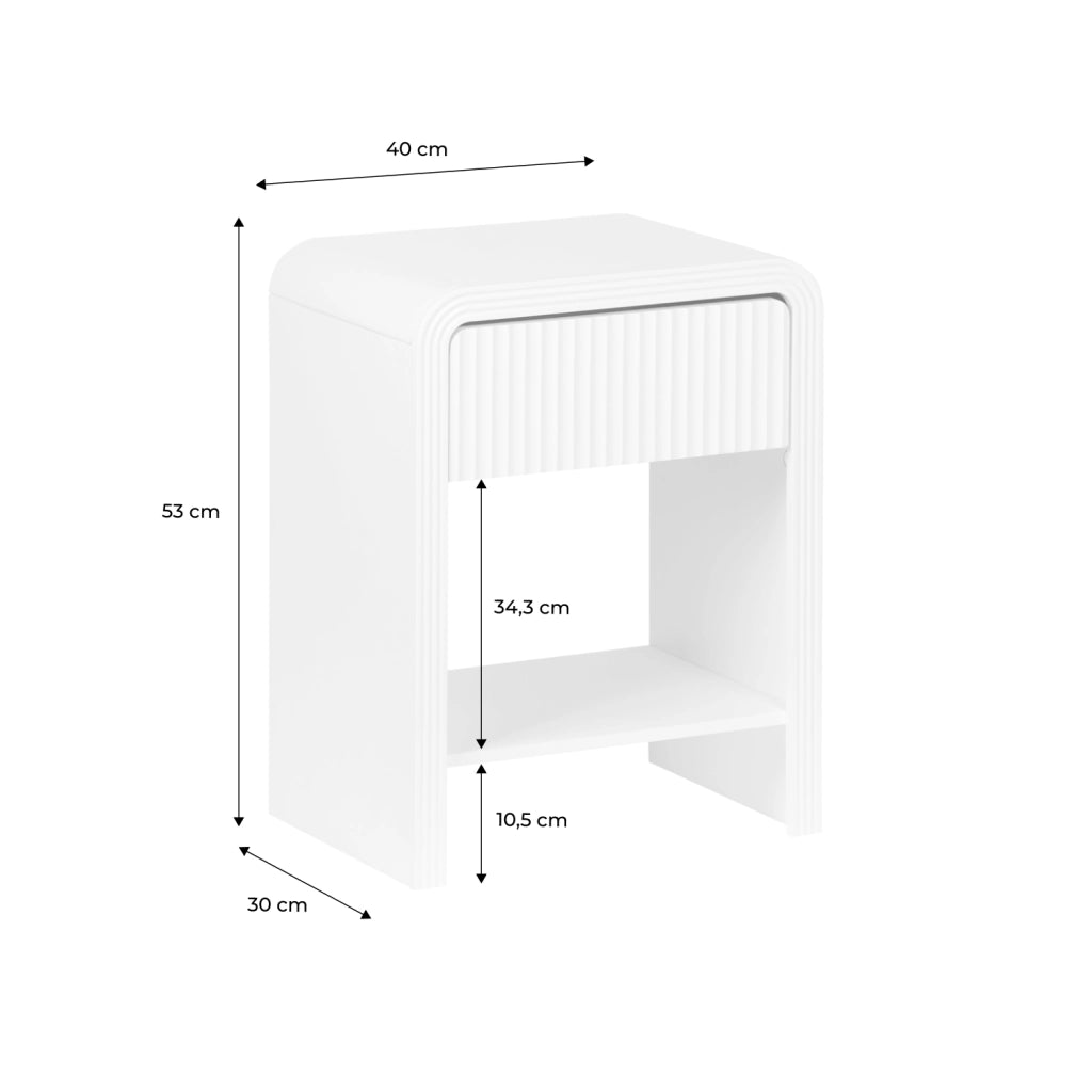 Comodino effetto legno scanalato 1 cassetto, 1 ripiano, bianco