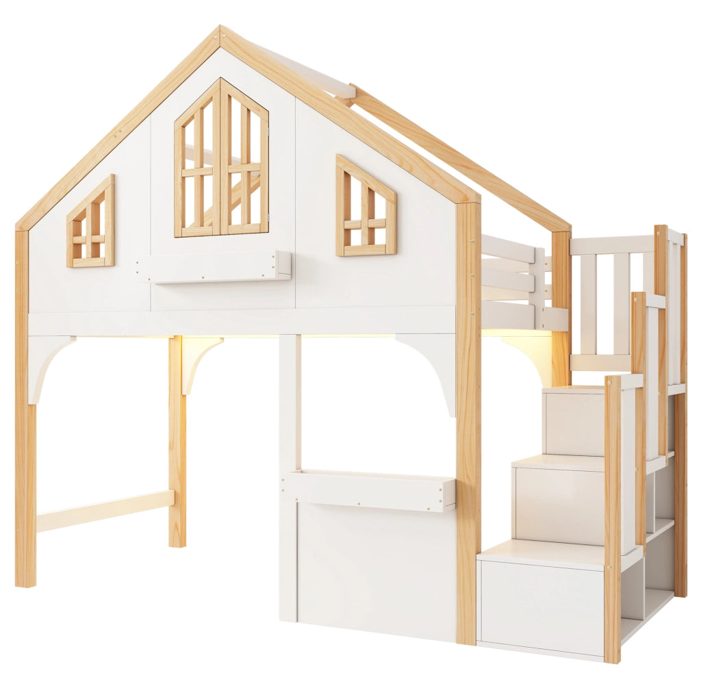 Letto a soppalco per bambini 90x200 cm con scala contenitore e LED