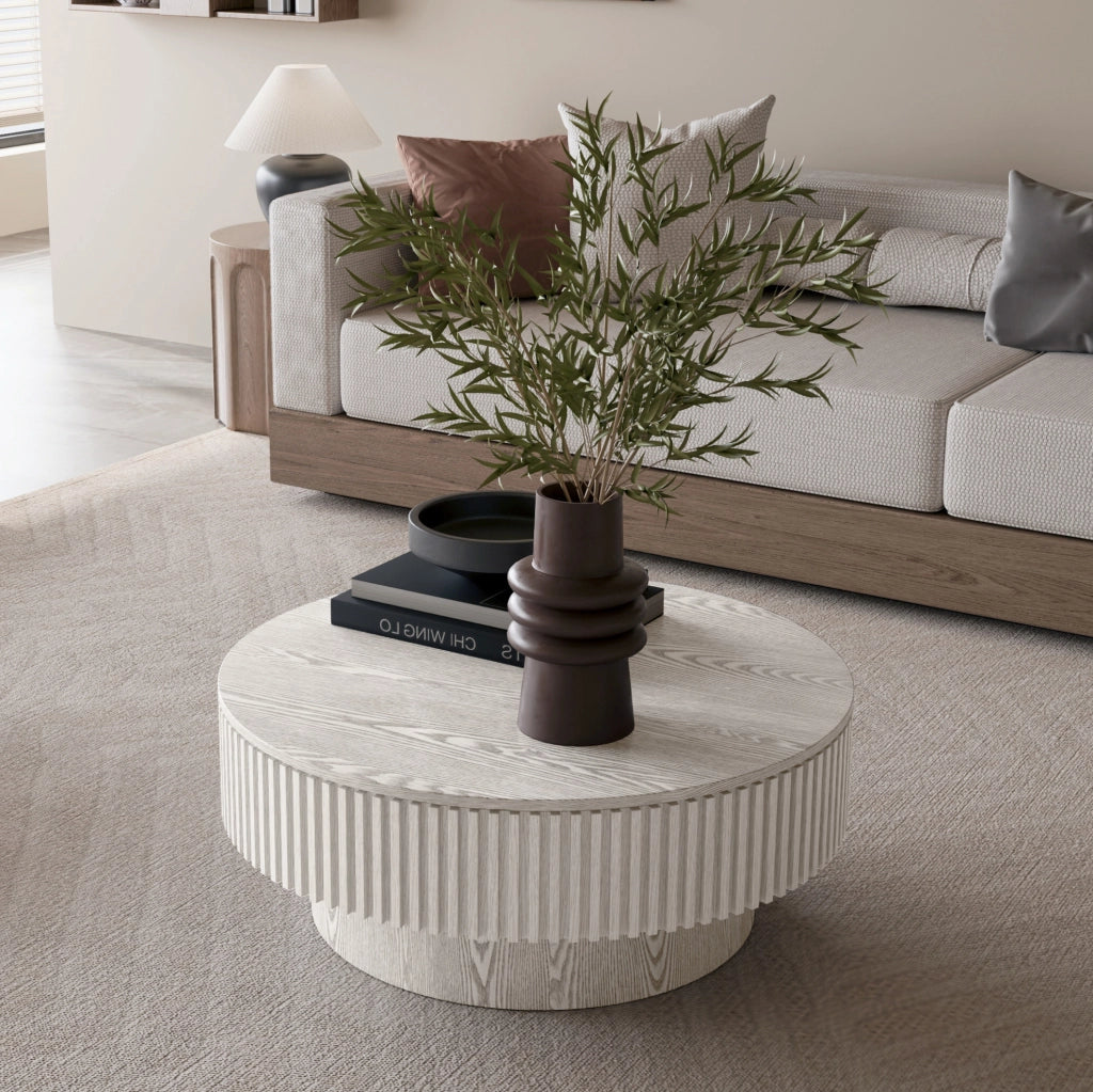 Tavolino da caffè rotondo 75 cm con contenitore nascosto in legno e MDF bianco rétro
