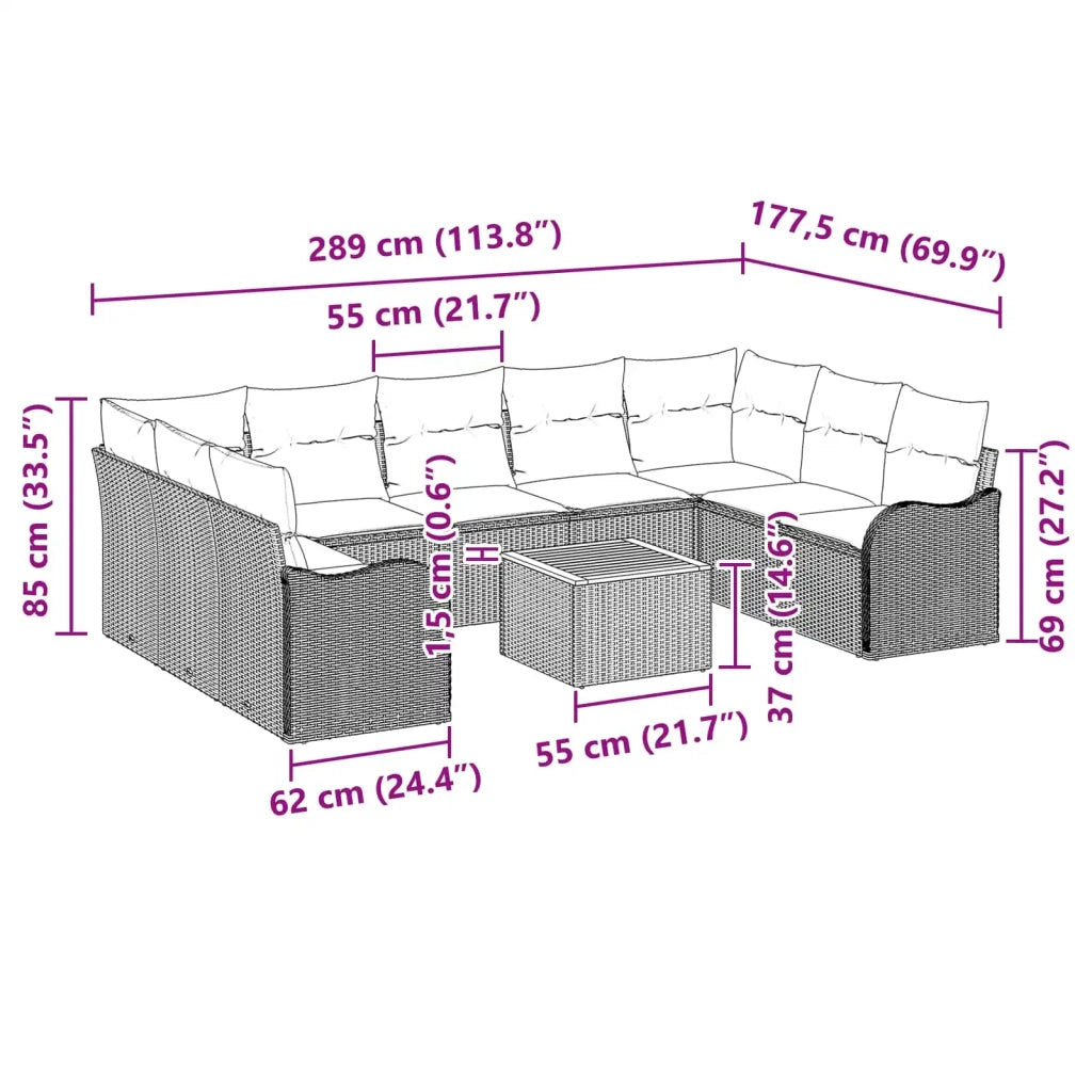 Set Divano da Giardino 10 pz Grigio polyrattan 3347500