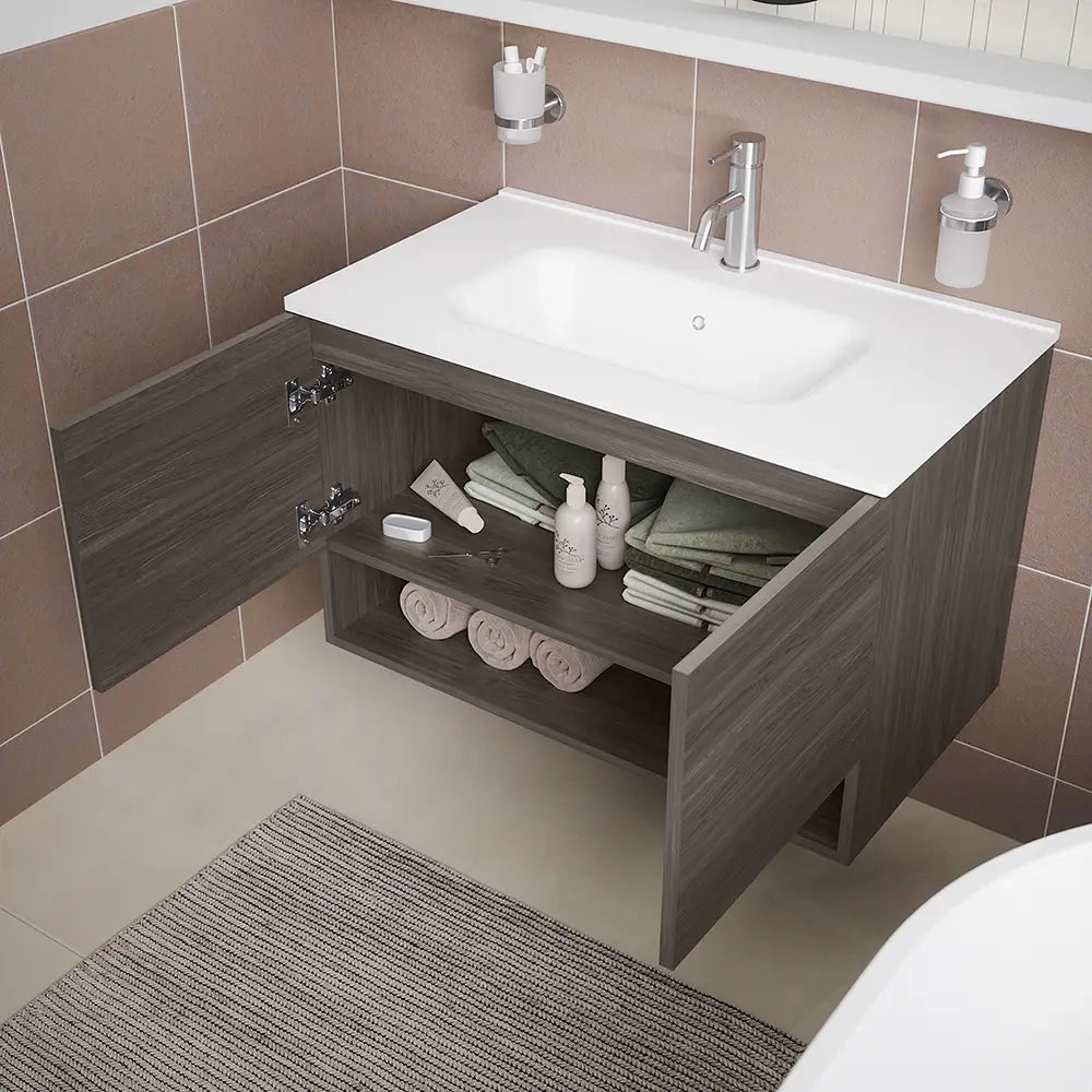 Mobile sospeso 80cm rovere scuro con due ante, vano a giorno e lavabo | Sauris