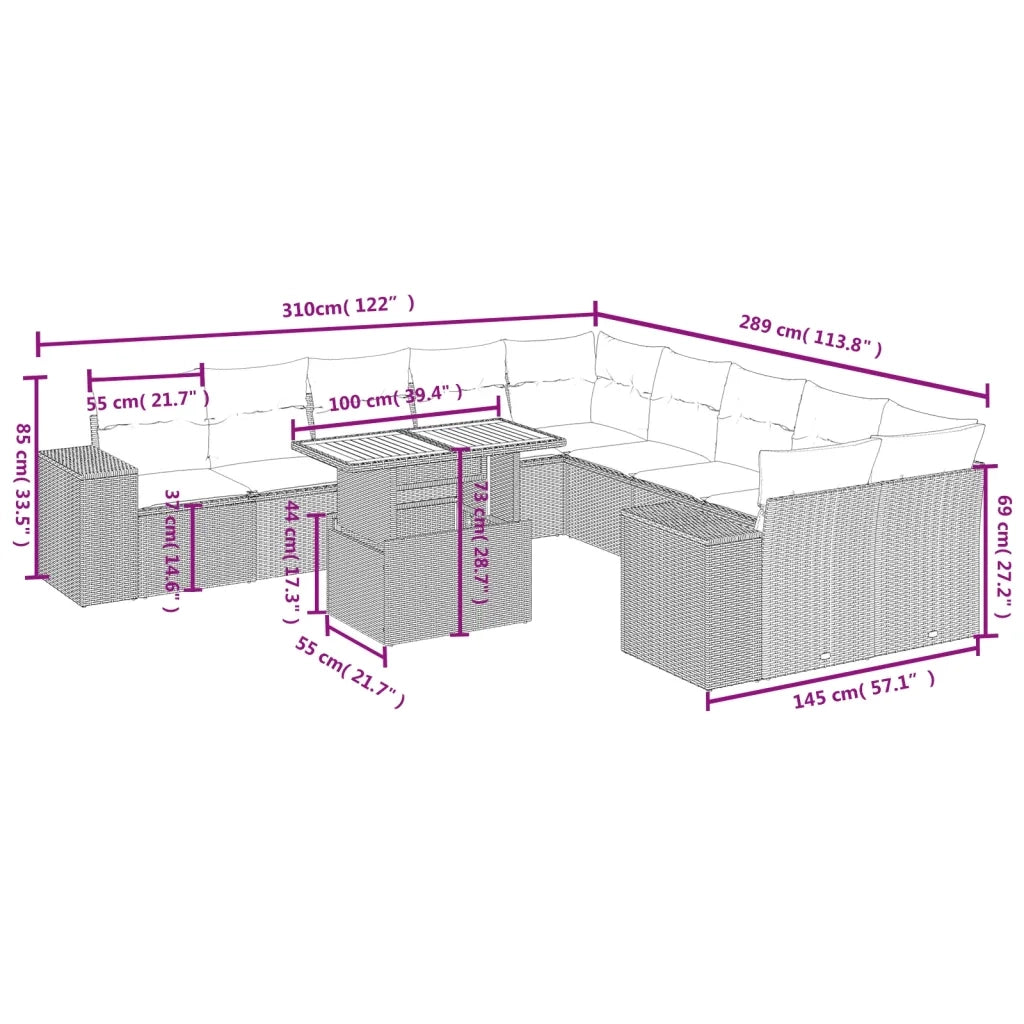 Set Divani da Giardino 11 pz con Cuscini in Polyrattan Grigio