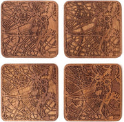 Carte da tavolo in sapele, 4 pezzi, con mappa della città, opzioni per diverse città, manufatti a mano