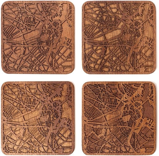 Carte da tavolo in sapele, 4 pezzi, con mappa della città, opzioni per diverse città, manufatti a mano