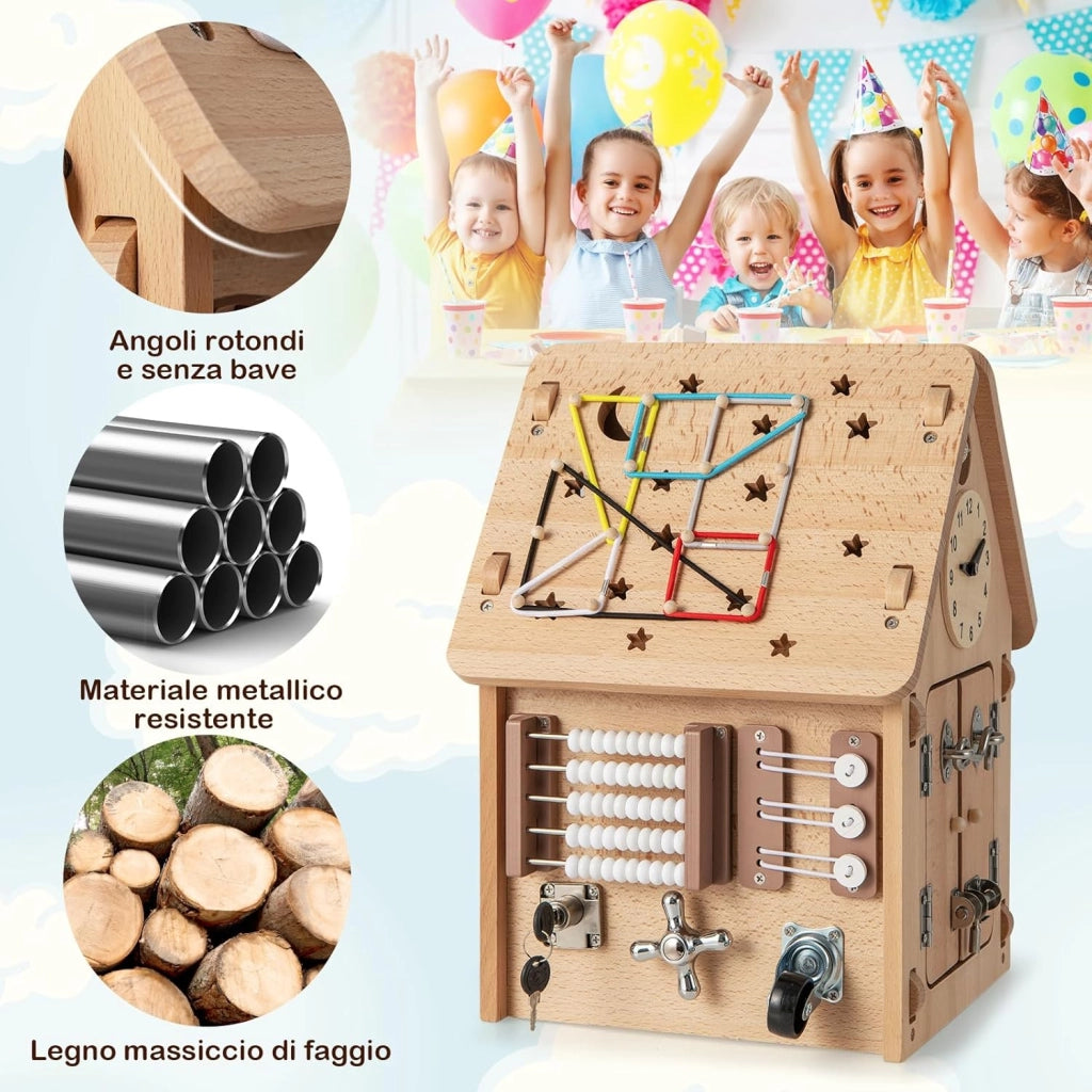 Occupato Montessori per Bambini in Legno, Casetta Giocattolo Piccola con Giochi Sensoriali e Vano Interno, Giochi Montessori per Motricità Fine, per Bambini 3 Anni+