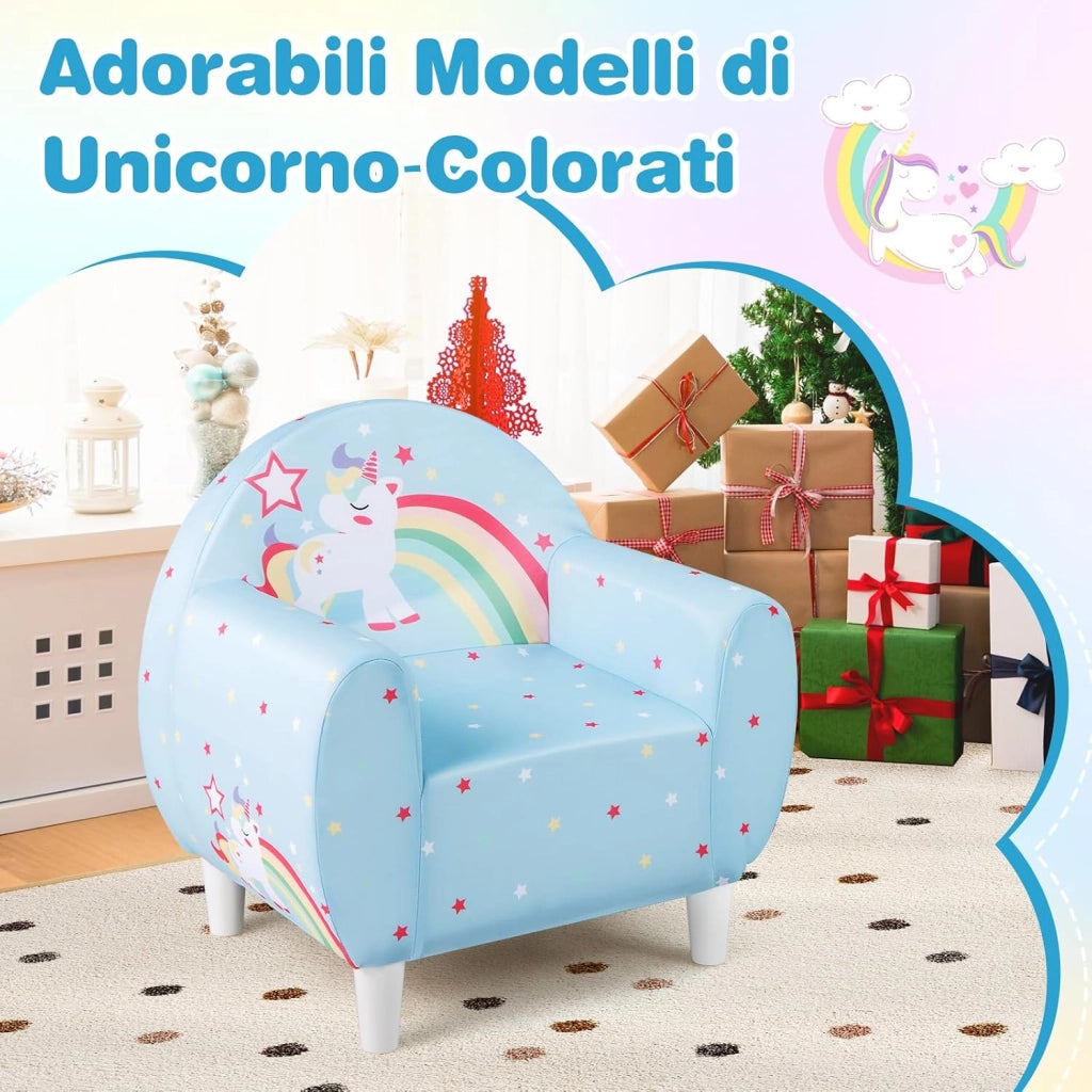 Divano per Bambini a Forma di Unicorno 55 x 40 x 55cm, Poltrona Imbottita con Tessuto Elastico Traspirante e Riempimento in Spugna, Mobile Moderno per Cameretta (Blu)
