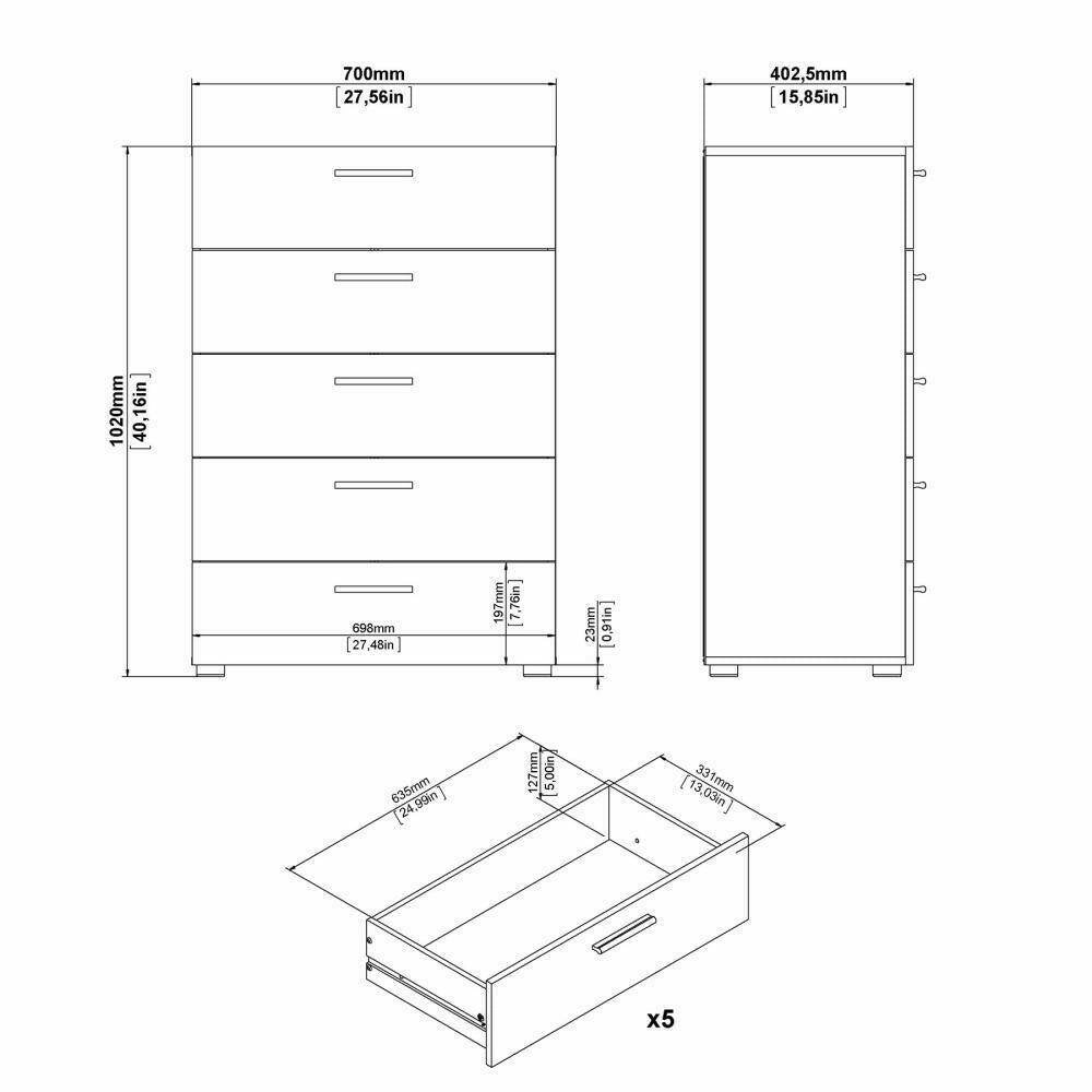 Cassettiera Haru, Settimino multiuso, Comò camera da letto, Mobile con cassetti, 70x40 h102 cm, Bianco