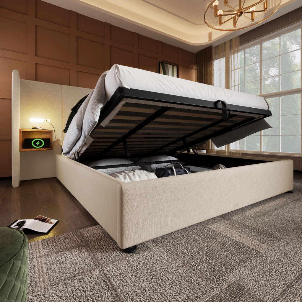 Letto contenitore 180x200 cm beige con libreria laterale, luce touch e ricarica USB-C