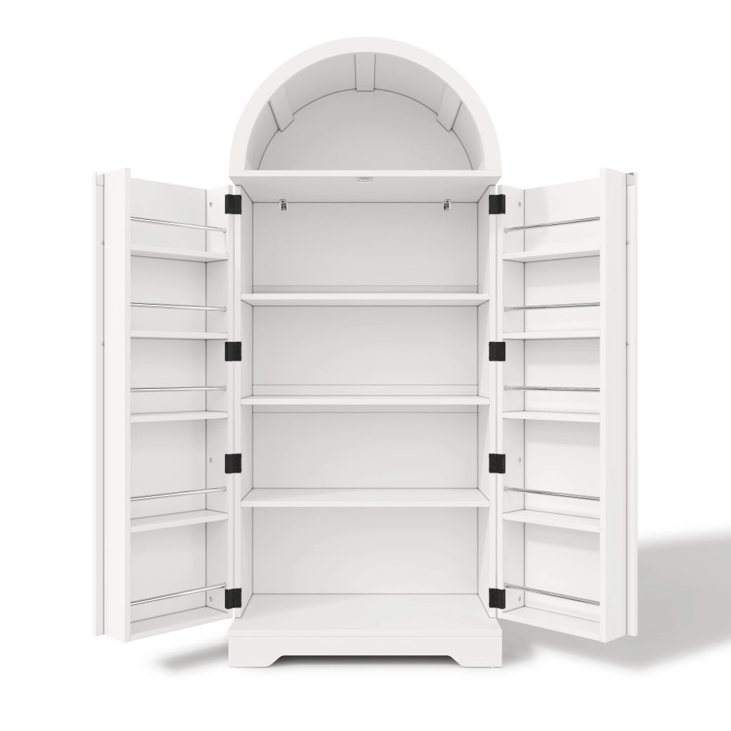 Armadio ad arco moderno 70x40x165 cm bianco in MDF, con vani aperti, ripiani interni e ante con dettaglio X