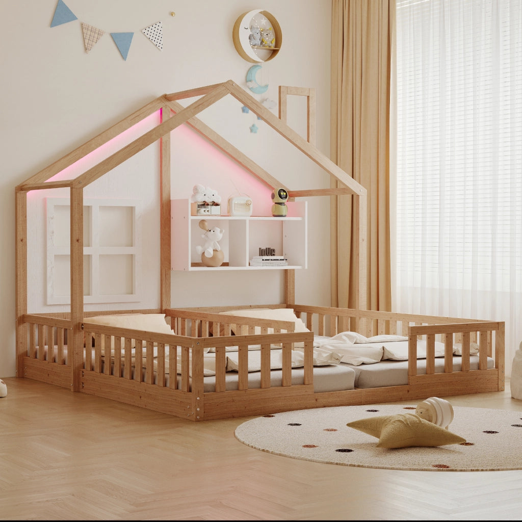 Letto doppio per bambini a forma di casetta 90x200 cm con LED e sponde di sicurezza