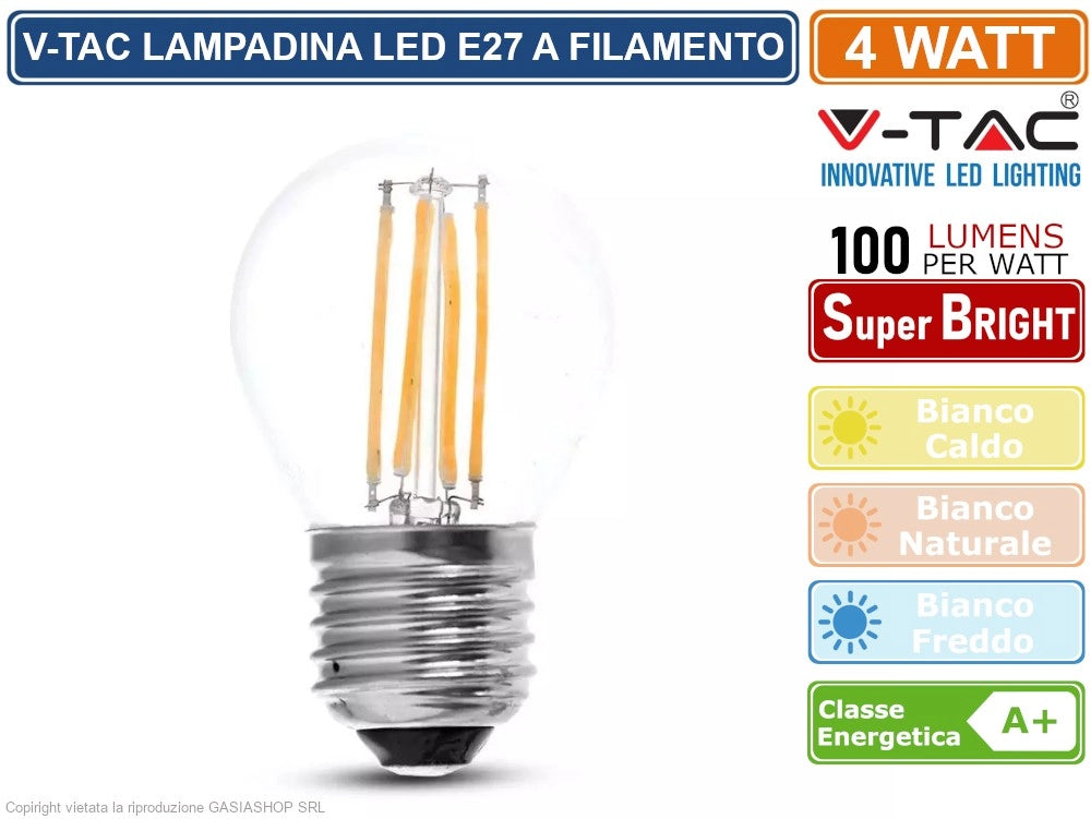 V-TAC VT-1980 LAMPADINA LED E27 4W MINIGLOBO G45 FILAMENTO - Colore Luce:Bianco Freddo