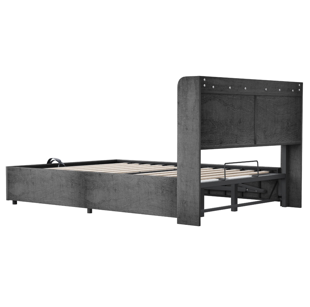 Letto multifunzione 180x200 cm con contenitore idraulico; testiera con vani e presa USB Type-C; grigio