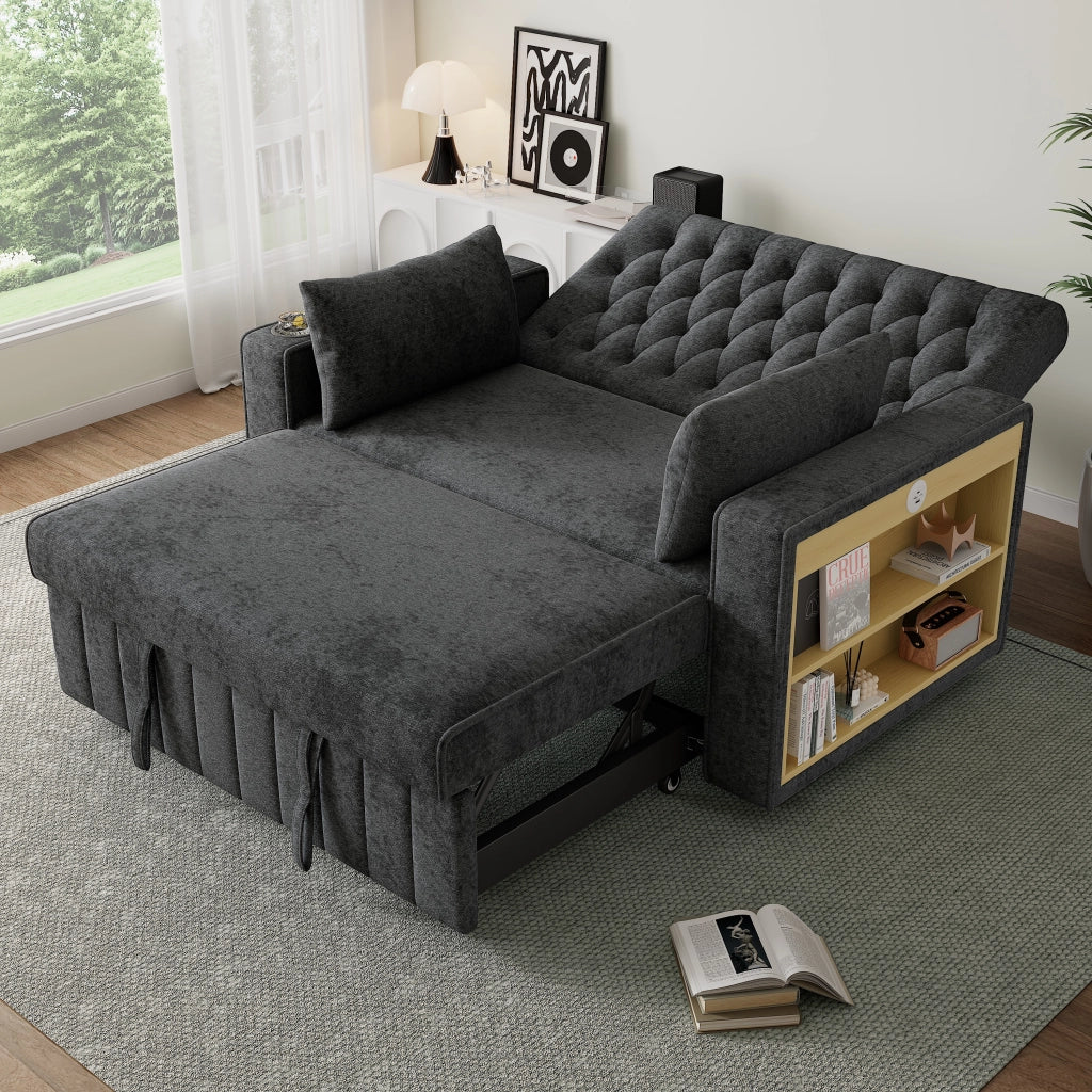 Divano letto 2 posti con funzione letto, USB, portabicchieri e mensola laterale, in Chenille, Grigio