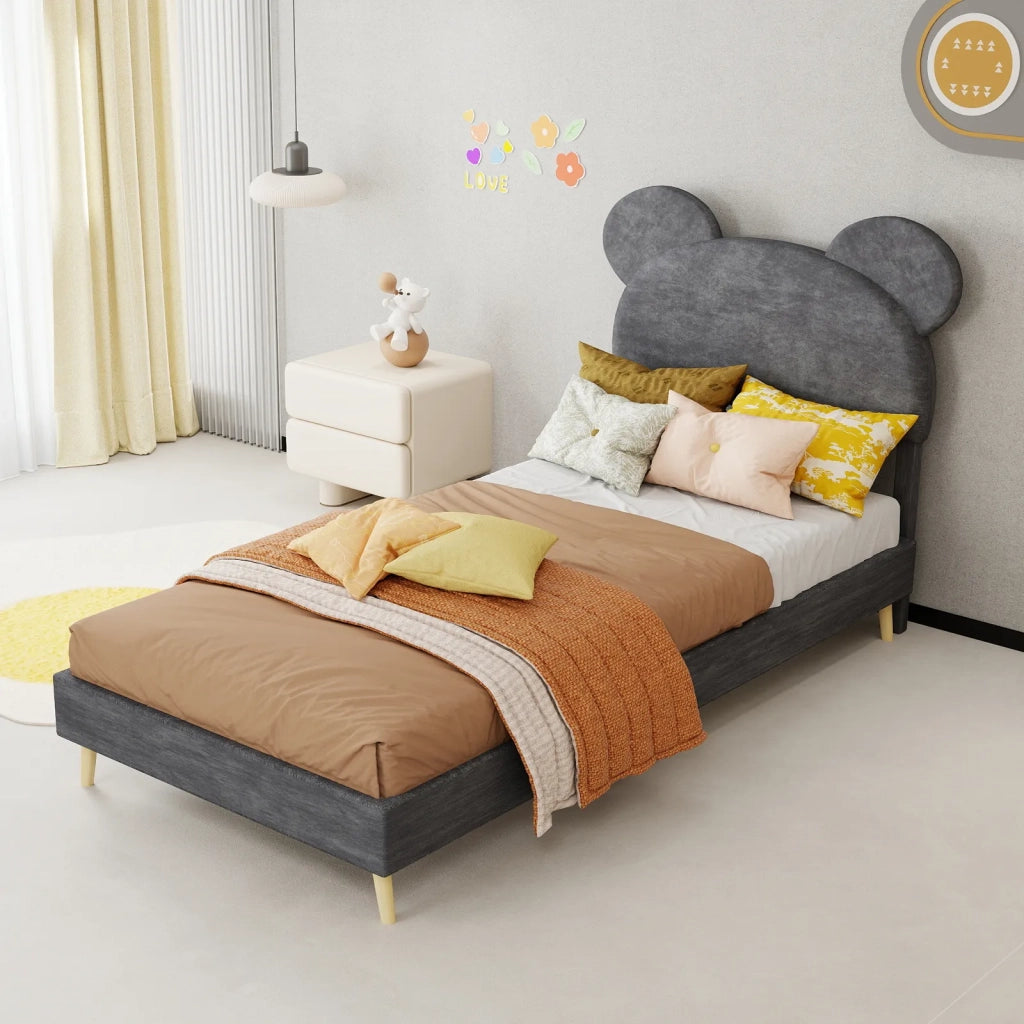 Letto imbottito minimalista moderno con testiera morbida a tema cartoon, 90x200 cm, grigio. Base bassa non contenitore (senza sollevamento a gas). Materasso non incluso.