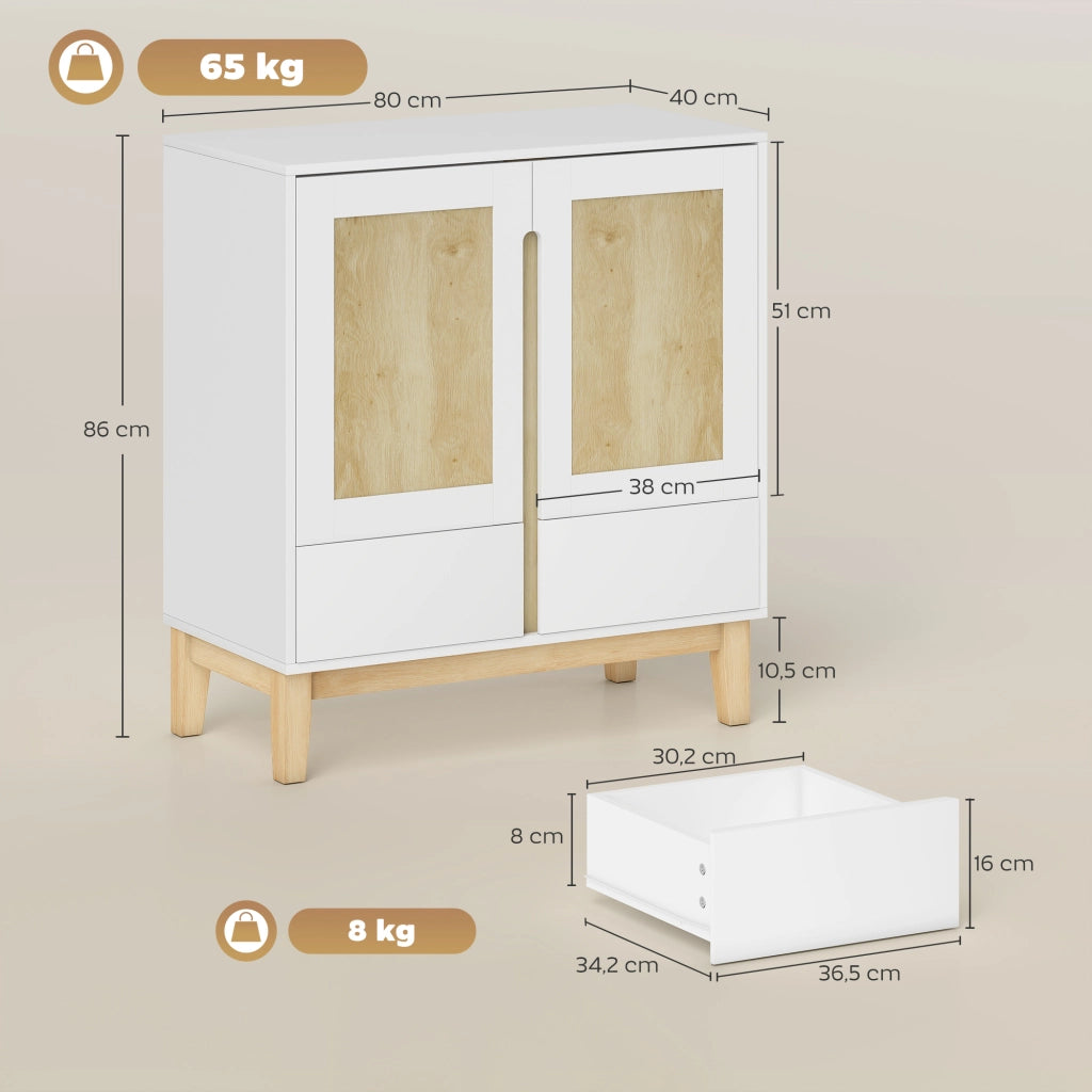 Credenza con 2 ante, 2 cassetti e ripiano regolabile ¨C zephmum ¨C 80x40x86 bianco e rovere