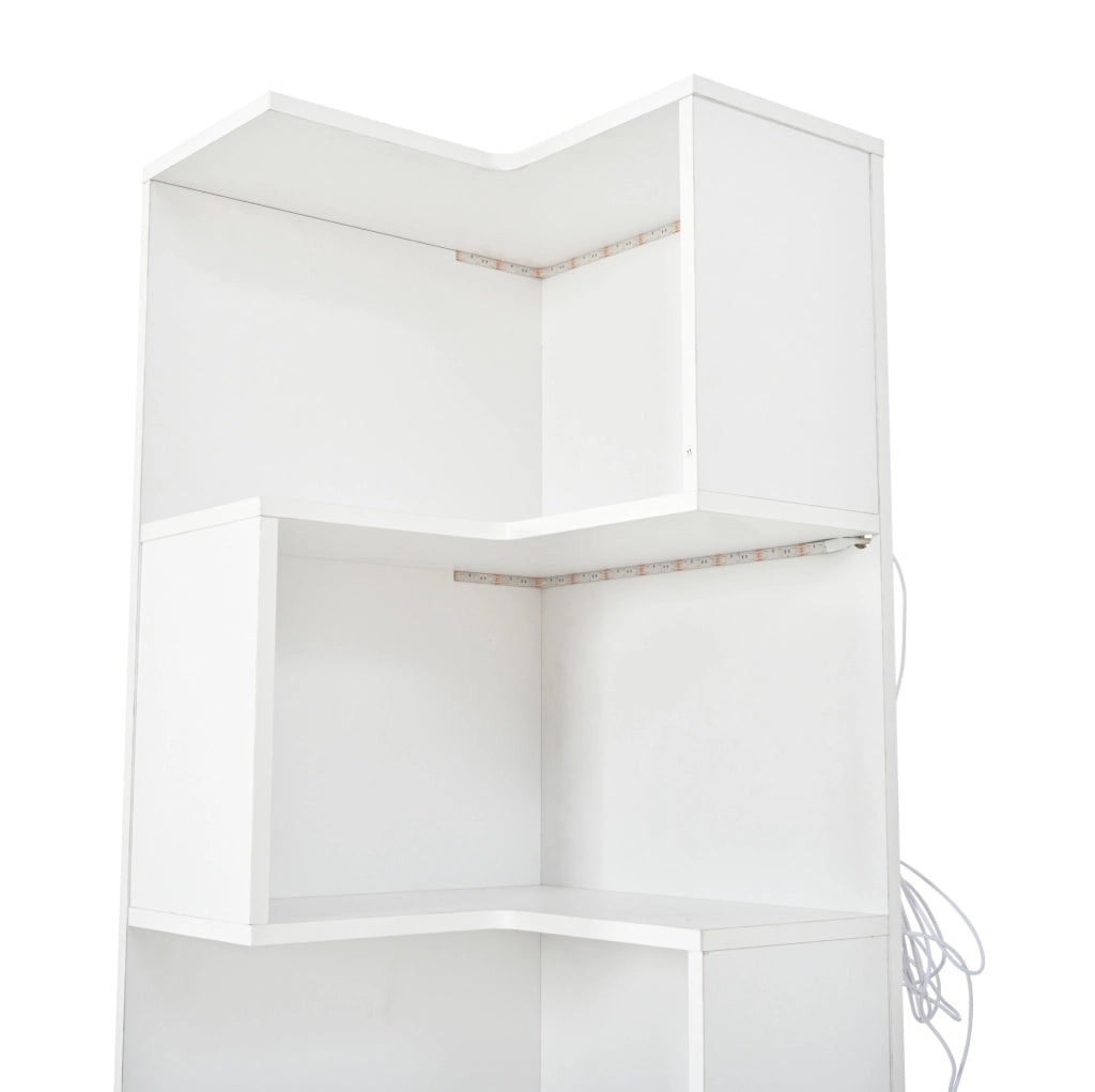 Scaffale angolare bianco con LED, 4 ripiani e 2 cassetti, 165x45x45 cm