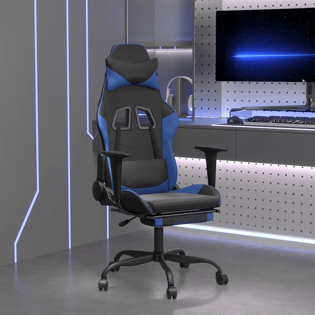 Sedia da Gaming | Sedia da e-sports Massaggiante Poggiapiedi Nero e Blu Similpelle