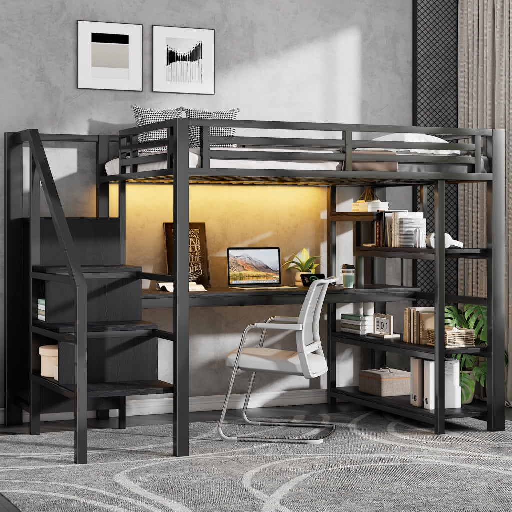 LETTO a soppalco 140x200 cm in metallo e MDF nero con scrivania, armadio e scala