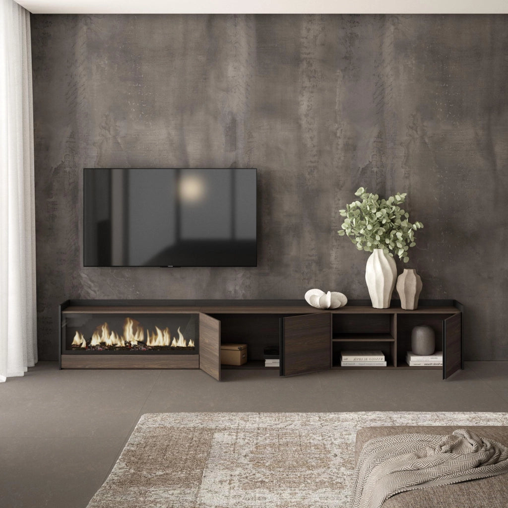 Mobile TV Soggiorno, 315x50x35 cm, Per TV fino a 80", Camino elettrico XXL, Rovere scuro e Nero