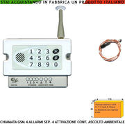 Combinatore GSM Chiama 40 Numeri su 4 Canali 4 Messaggi Voce Microfono Esterno Ascolto Ambientale Telesoccorso Conferma Attivazioni Memorizza Eventi Per Data Password Apri Cancello Accesso e Blocco