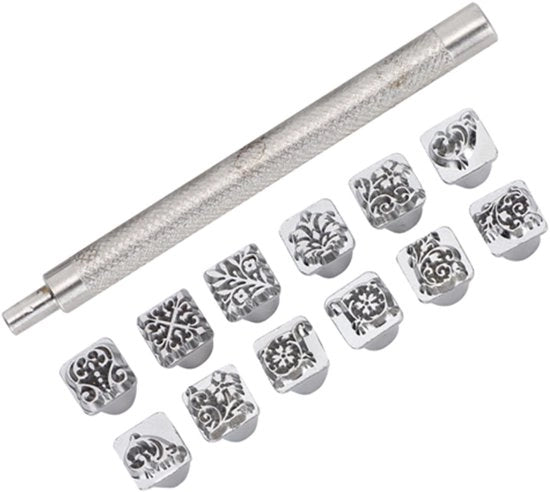 Set di timbri in pelle 12 pezzi - Disegno di fiori - Timbro - Fai da te - Timbri artigianali - Miscelatura di zinco - Robusto e duraturo