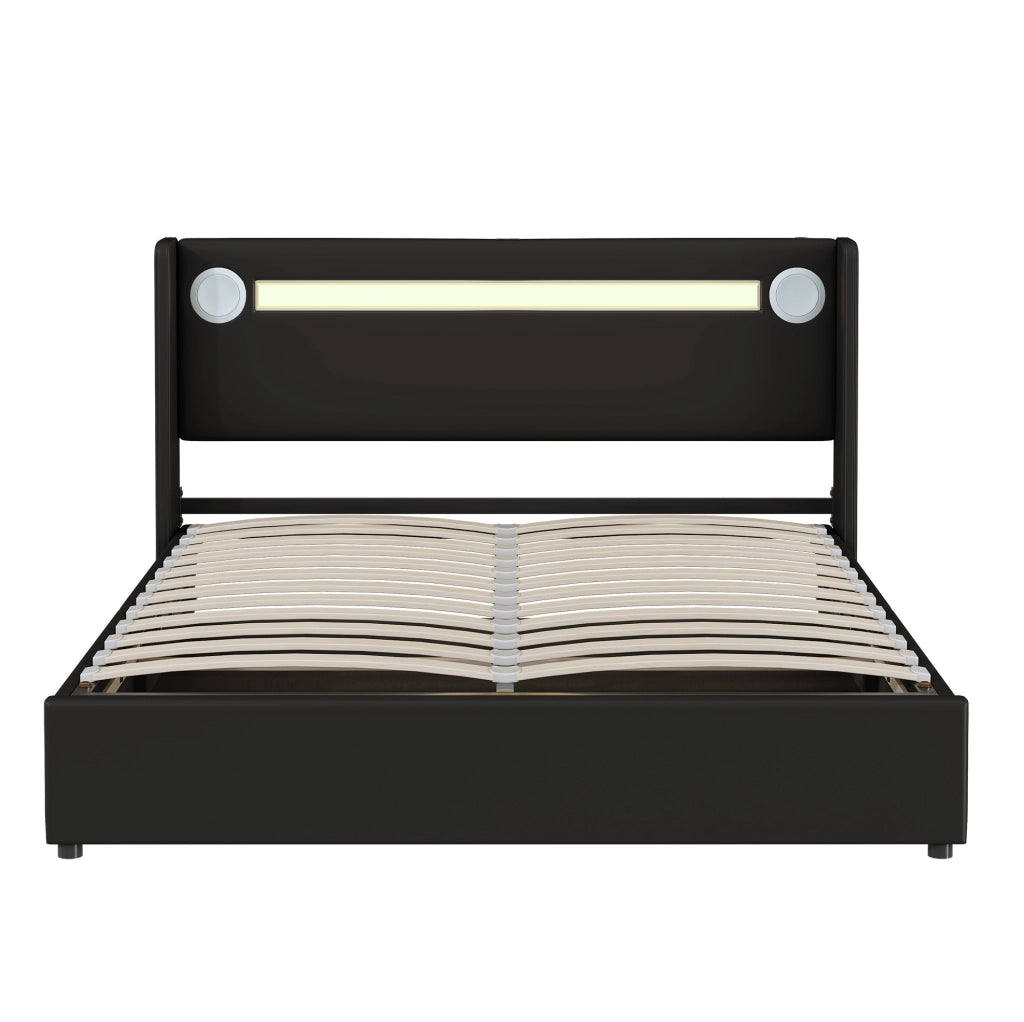 Letto Matrimoniale 160x200 con LED, Bluetooth, USB e Contenitore in PU Pelle Nero