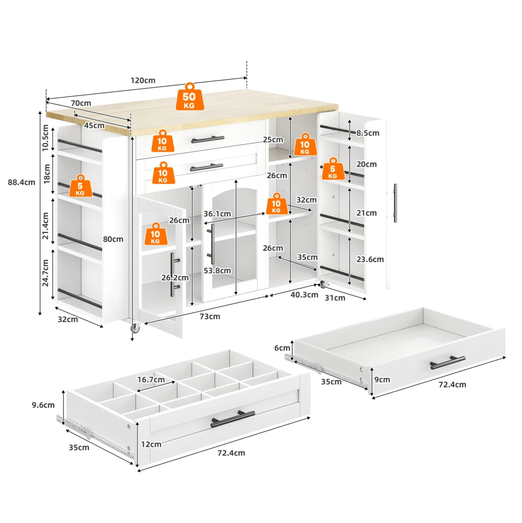Isola da cucina mobile in MDF naturale e bianco con piano ribaltabile; 120 x 45/70 x 90 cm