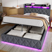 Letto matrimoniale imbottito contenitore grigio scuro 140x200 cm con LED e dock USB