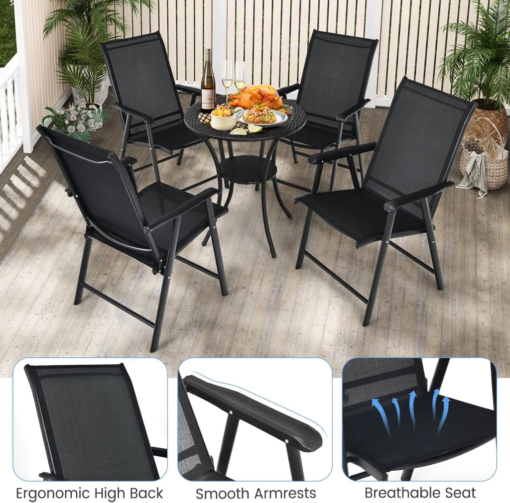 Set di 2 sedie pieghevoli esterne, sedie da giardino in tessuto con braccioli, telaio in metallo, carico 150 kg, sedia da giardino pieghevole per patio, piscina, senza montaggio, nero