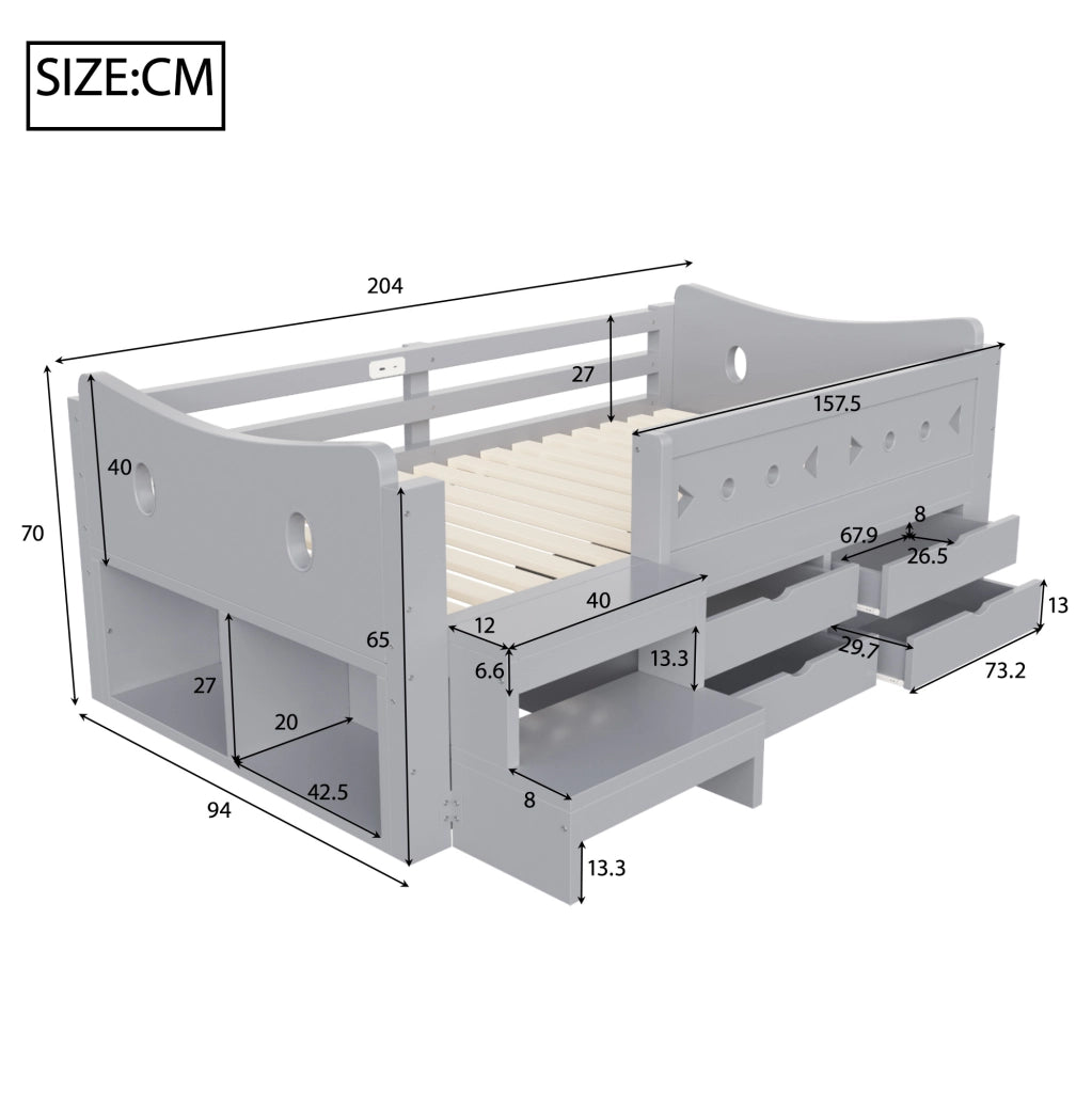 Letto singolo per bambini grigio 90 x 200 cm con cassetti, LED e prese USB