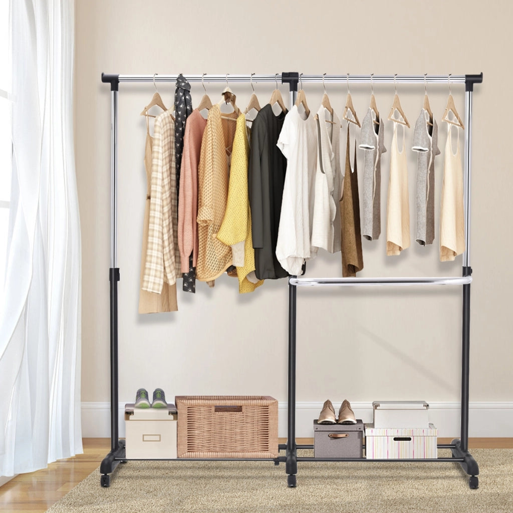 Stand appendiabiti da terra in acciaio con 6 ruote, Porta abiti regolabile 91-160x43x93-168cm, Nero-Appendiabiti