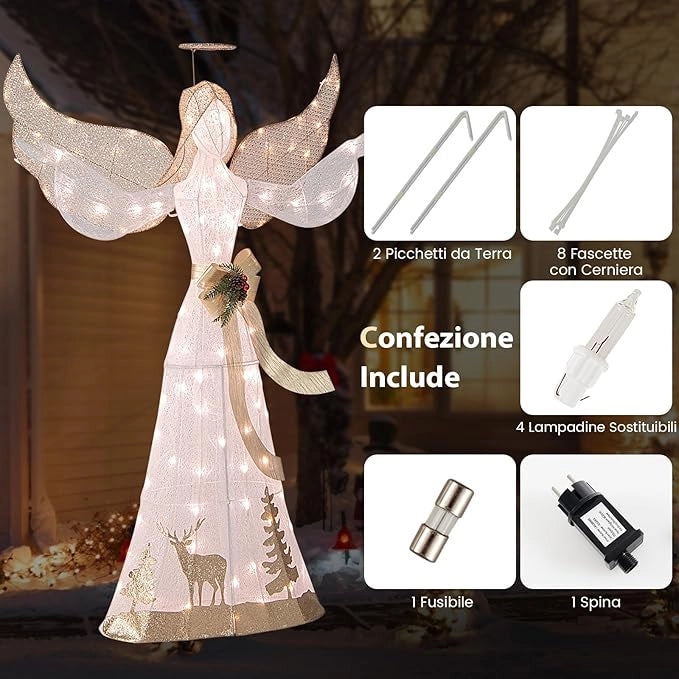 Angelo Natalizio Illuminato da Esterno 150 cm, Angelo 3D con 100 Luci Bianche Calde Pre-Illuminate, Decorazione Natalizia per Giardino, Cortile e Prato