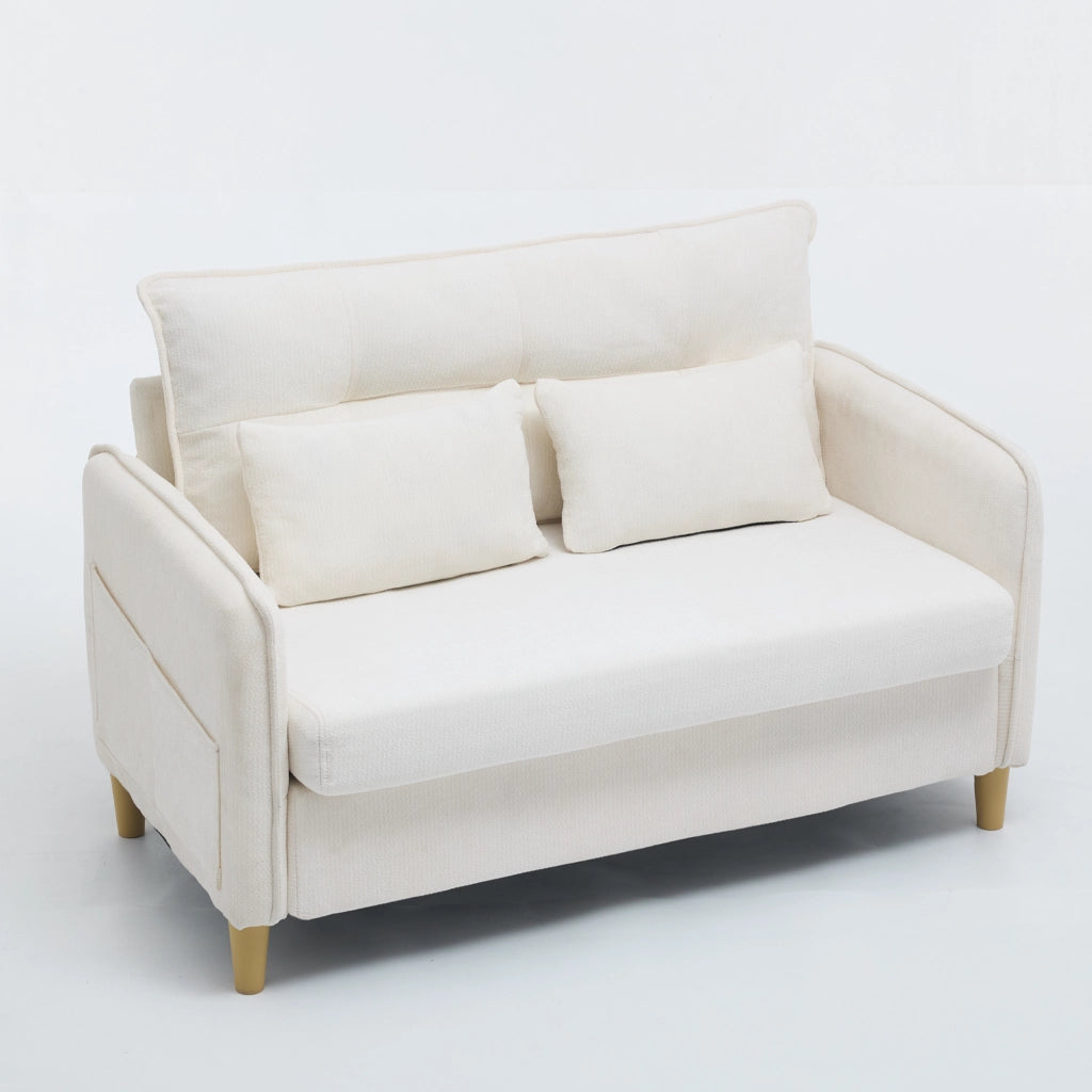 Divano a 2 posti in tessuto chenille Beige, 127 cm, con braccioli e tasche laterali