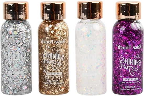 Set di glitter per corpo di 4 colori - 4 gel glitter per viso e capelli, trucco permanente per feste