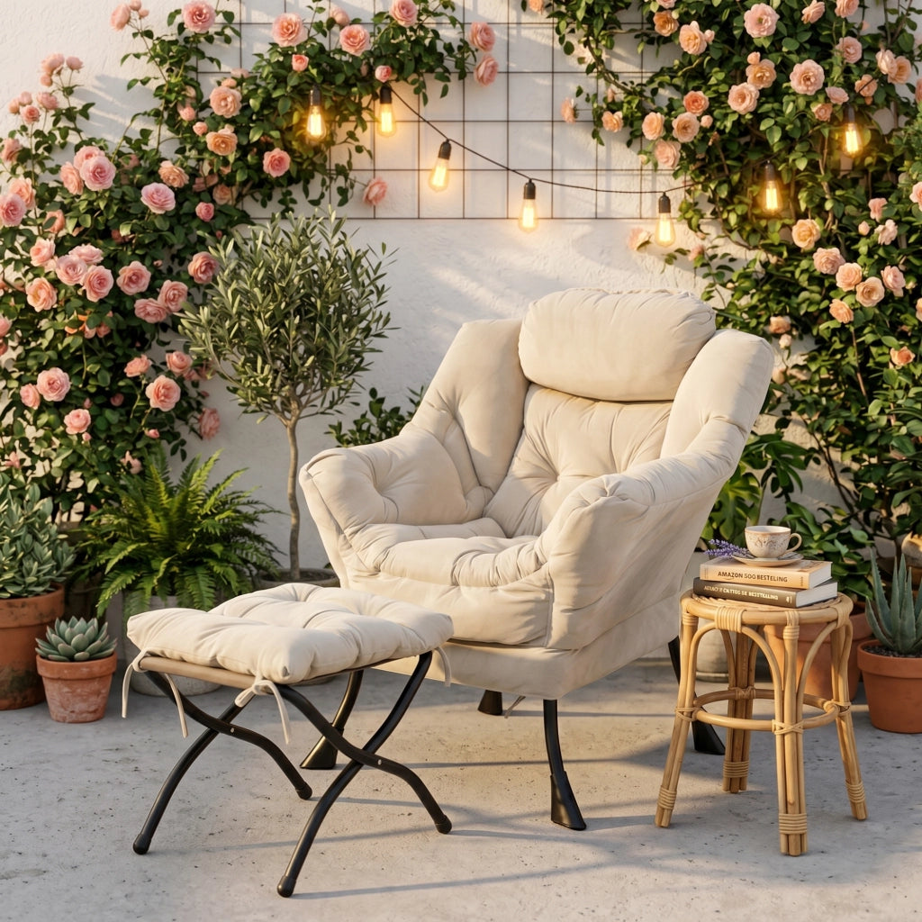 SEDIA Relax con Poggiapiedi Set da 2 pezzi Beige Tessuto e Metallo