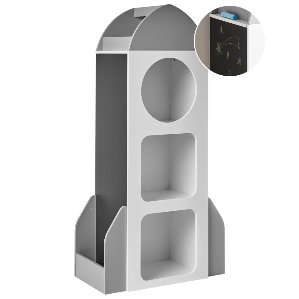 Libreria per bambini in MDF bianco a 3 ripiani per cameretta con lavagna, forma di astronave, stile scandinavo
