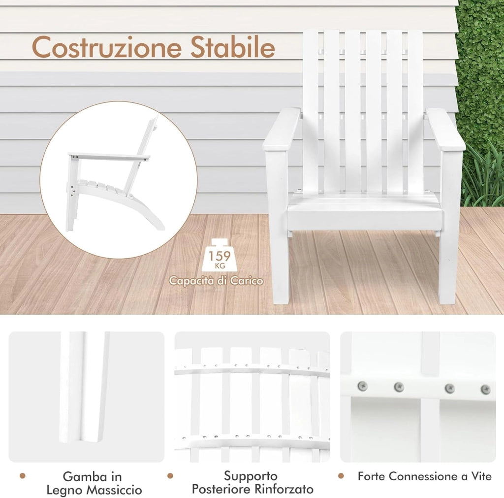 Sedia da Giardino in Legno, Poltrona Esterno Schienale, Sedia Adirondack per Cortile, Piscina, Balcone e Giardino, Capacità di Carico 160 kg, 73 x 68 x 85 cm (Bianco)