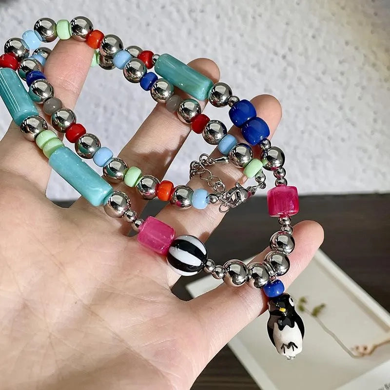 Collana estiva con grazioso pinguino, colorata e perline, realizzata a mano, regalo di compleanno per donna