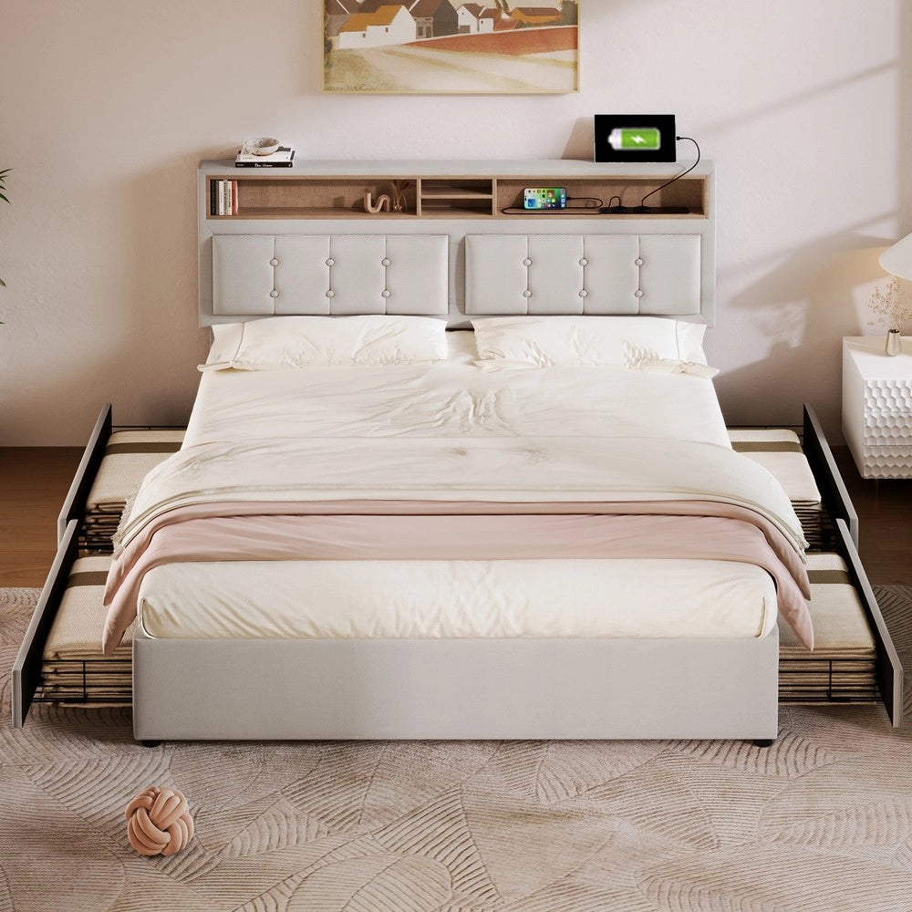 Letto Contenitore Imbottito con 4 Cassetti e USB ¨C MINIMAL ¨C Testiera Regolabile, Doghe in Legno, 140x200