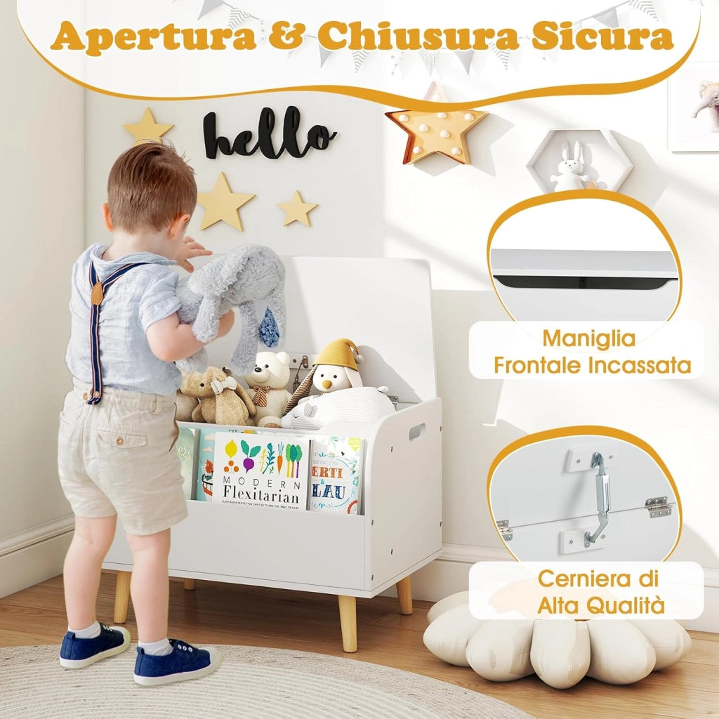 Cassapanca Portaoggetti per Bambini, con Libreria, Organizer per Giocattoli con 4 Gambe in Legno Massello e Coperchio Ribaltabile, per Sala Giochi e Asilo, 60x40x43 cm (Bianco)