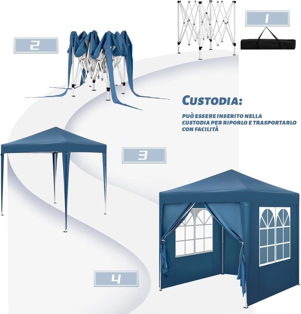 Gazebo Pieghevole da Giardino, Gazebo Impermeabile Pop Up da 2x2m con Pannelli Laterali, Tendone Esterno, Altezza Regolabile, Protezione UV, con Custodia, Blu