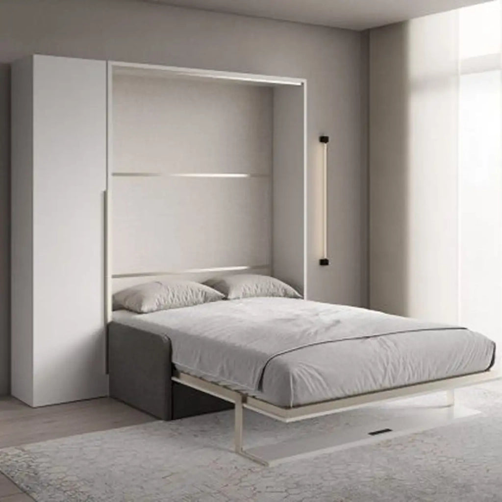 Letto matrimoniale francese a scomparsa 140 Versia con divano, mensola e armadio 1 anta sx bianco