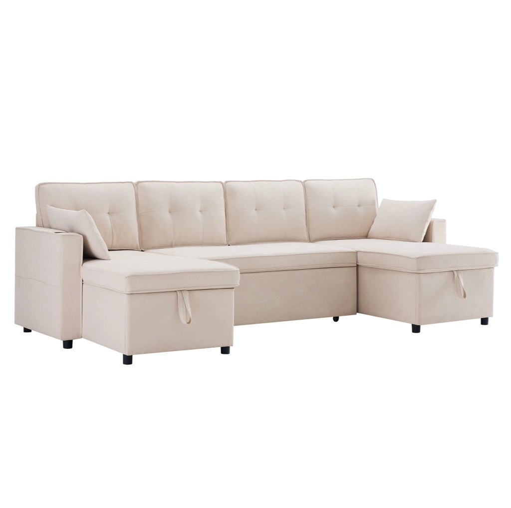 Divano letto U-förmige con contenitore, 4 posti, tessuto cotone-lino, beige, con 2 cuscini