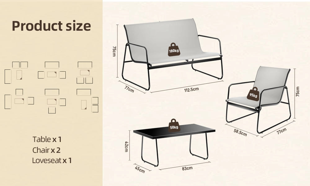 Set di mobili da giardino composto da 4 pezzi, set da bistrot con 2 sedie, 1 divano e 1 tavolino, mobili con struttura in metallo (grigio)