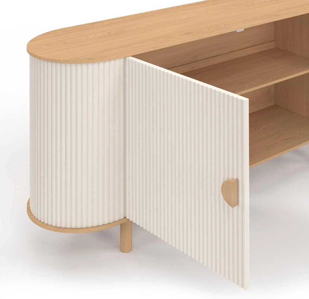 Credenza KANEL a 2 ante beige e legno effetto scanalato da 140 cm