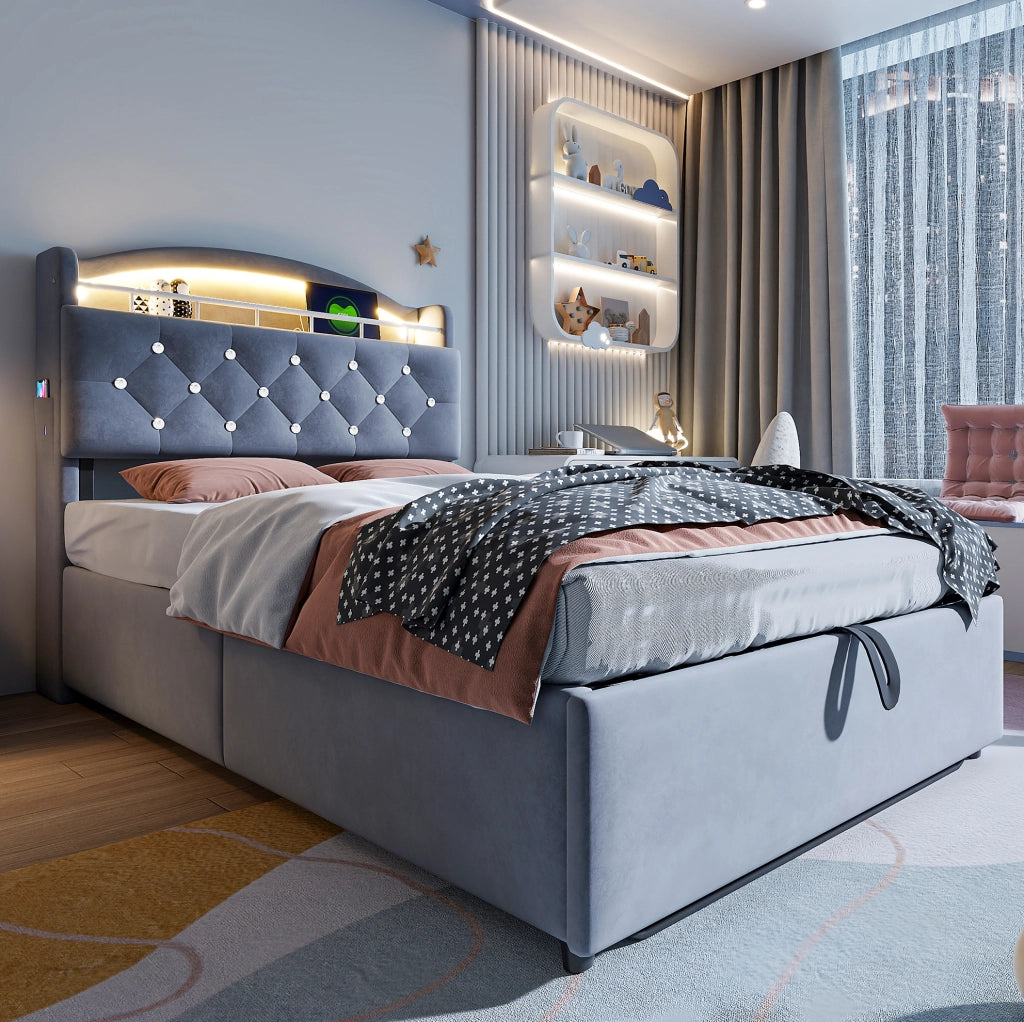 Letto imbottito per bambini ULEVR 90x200 cm con contenitore a gas, LED, USB e Type-C, velluto grigio