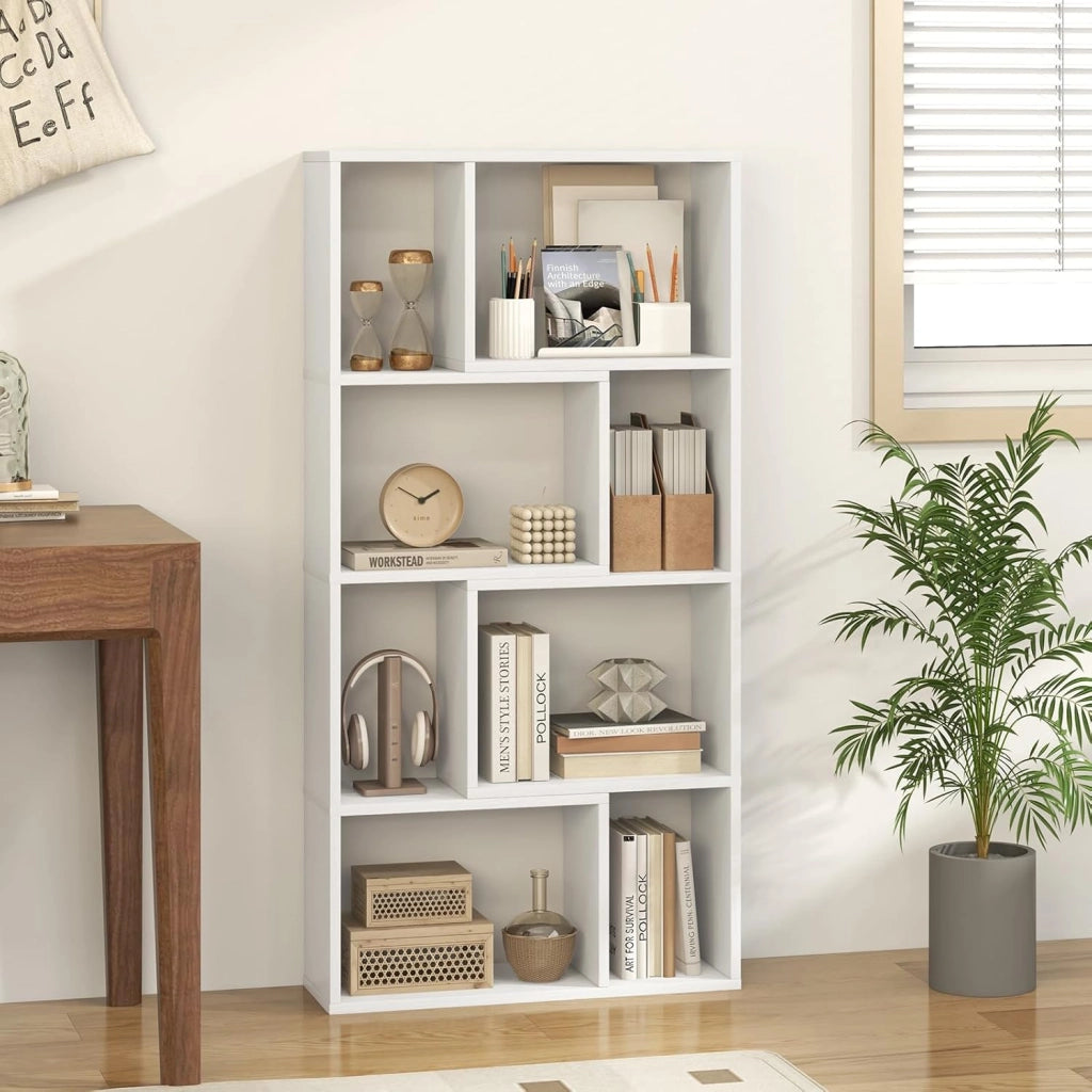 Libreria Mobile Portaoggetti a 8 Cubi, Scaffale Portaoggetti Camera da Letto con Kit Antiribaltamento, Libreria Autoportante in Legno per Soggiorno, Ufficio, 60 x 20 x 120 cm (Bianco)