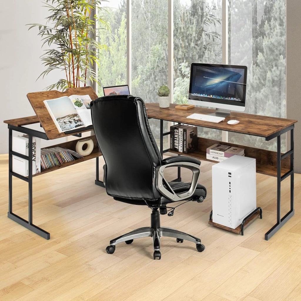 Scrivania ad angolo a forma di L 170 cm, scrivania per computer con 2 ripiani, vassoio inclinabile, supporto per unità centrale, tavolo da computer, poco ingombrante, stile industriale